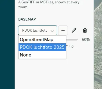 The Basemap section at the bottom of the Layers panel: the chooser, opacity and attribution.