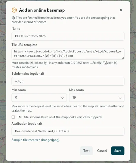 Adding a tile service: the template, the zoom range, and a test that fetched one tile.