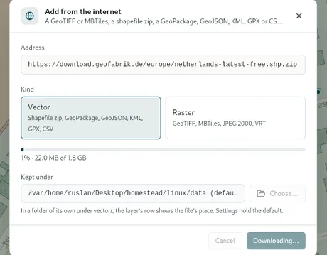 A Geofabrik extract on its way: the address, the kind, the progress, and where the file will be kept.