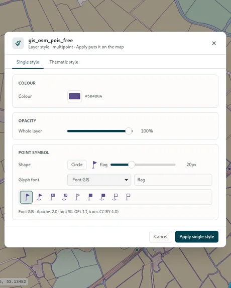 A point layer's symbol from Font GIS: search the glyph by name, set its size.
