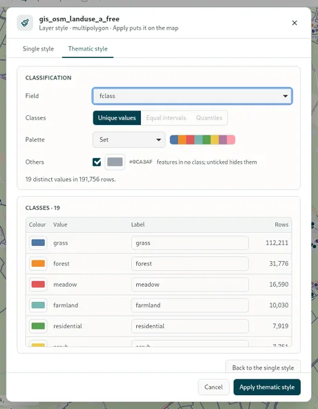 A theme by unique values (land use by its class): the field, the palette, one editable row per class.