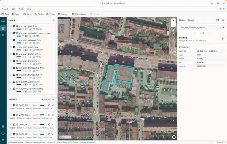 The object panel: every object under the click, the shown one highlighted on the map.