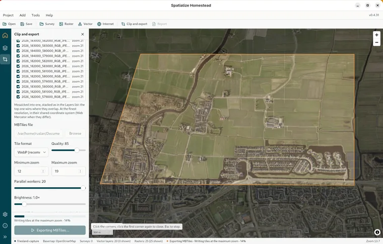 A rectangle drawn over an orthophoto; the dimmed part is dropped, the MBTiles options are ready.