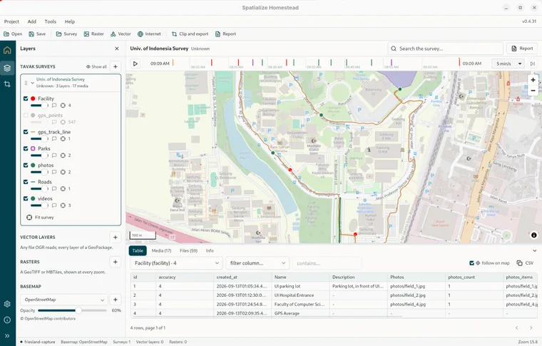 A survey on the desk: its layers in the tree, the track and objects on the map, the dock under it.