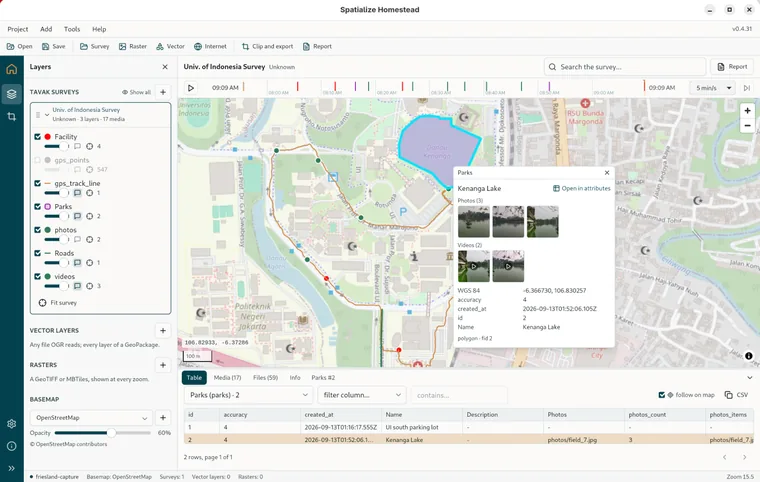 The Media tab: every photo and video of the survey, filtered by kind, layer or field.