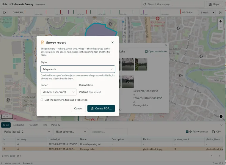 The report dialog: which survey, which paper, which way round.