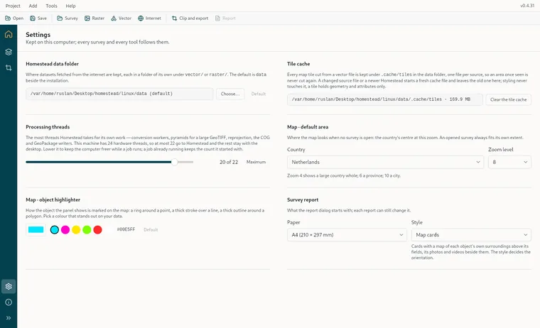 Settings: the data folder, the caches, the threads, the map's defaults, the report's defaults.