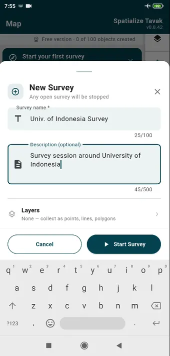 New Survey from the Map card or the Surveys tab. Any survey already open is stopped first.