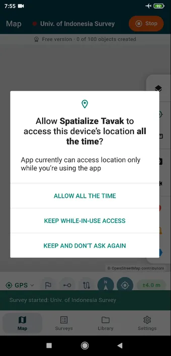 Starting a survey: the app has explained that recording carries on with the screen off, and now Android asks. Choose Allow all the time. With &ldquo;while in use&rdquo; the track pauses every time the screen goes off.