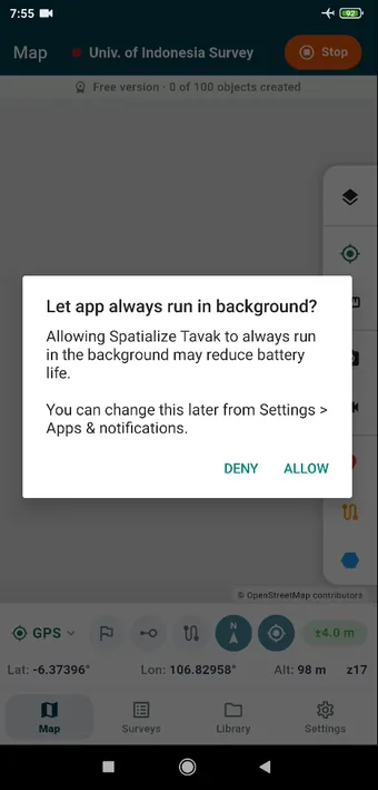 Straight after that: let the app run in the background, so battery optimisation does not interrupt a long walk. Choose Allow.