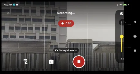 Recording, with the elapsed time at the top. Sound is recorded if you granted the microphone permission. Refuse it and the video is simply silent; nothing else changes.