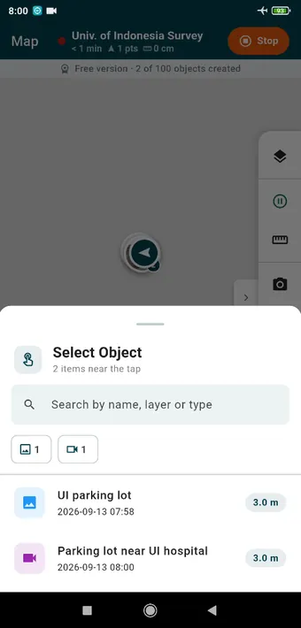 Photos and videos show up on the map as small pictures. Tap where two of them overlap and Select Object opens, with a search box and a chip for each kind.