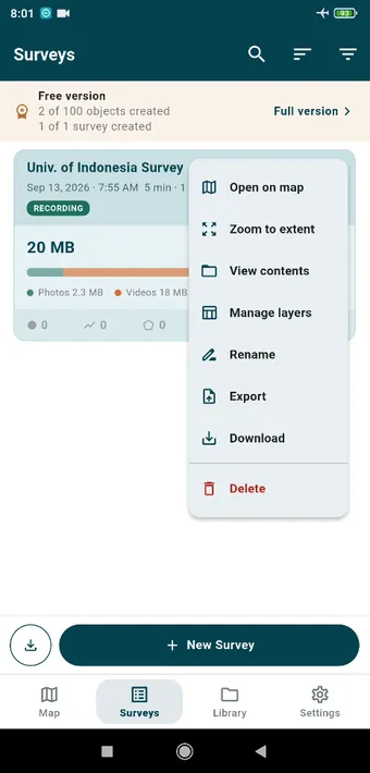 Every survey is a card, with the date, the start time, how long it ran, its size, and what is in it. The menu offers Open on map, Zoom to extent, View contents, Manage layers, Rename, Export, Download and Delete. The strip at the top is the free-version counter.