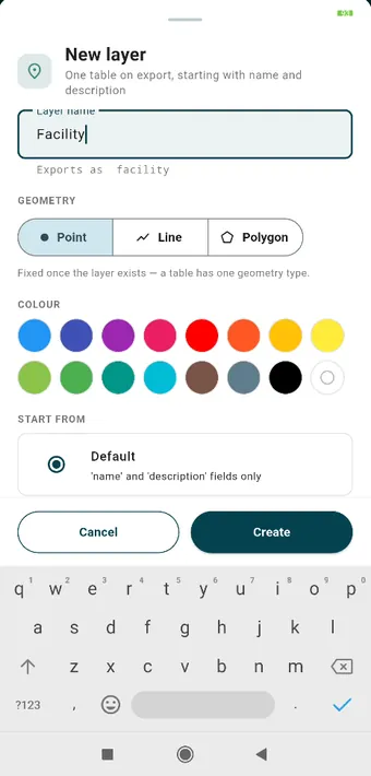 New layer: a name, which is also the table name on export and is shown underneath; the geometry, either point, line or polygon, and fixed once the layer exists; a colour; and where to start from, either the default pair of fields or a saved form.