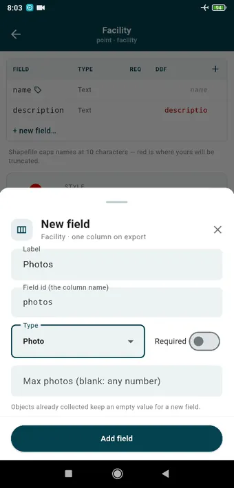 A photo field: a label, the column name, the type, whether it is required, and how many photos it will take. Leave that blank for as many as you like.
