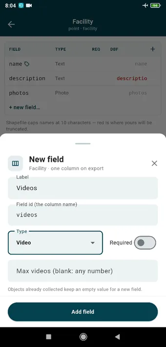 The same for video. On export each one becomes a column of file paths alongside a related media table, and QGIS opens the files straight from the attribute form.