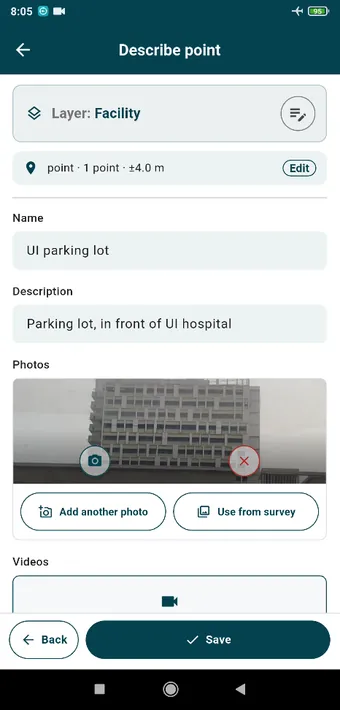 Describe point with the Facility fields. The layer row at the top lets you edit the fields without leaving the page, then come name, description, and a photo taken from here.