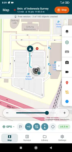 Map with the GPS track being recorded during a survey