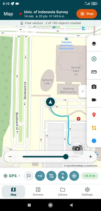Fourteen minutes into the walk: the track so far, the photo and video taken along the way, and the free-version counter under the title bar.