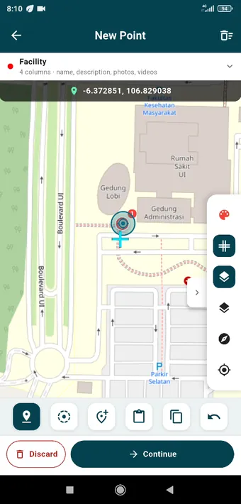 New Point in the Facility layer. The bar under the map is how you place the vertex: at the crosshair, at your GPS position, at a GPS average, from the clipboard, or copied off another object. The arrow undoes. The coordinates of the point you placed appear above the map.