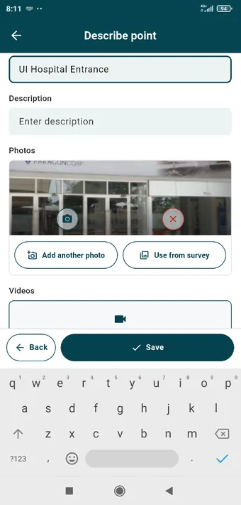 Describe point: name and description first, then the layer&rsquo;s own fields. Here, a photo already taken and a video field still waiting.