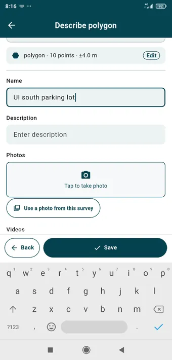 The same describe page for a polygon, where the layer&rsquo;s photo field offers to take a picture or use one from the survey.