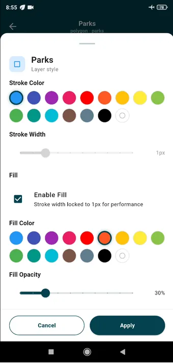Layer style for Parks: stroke colour and width, fill on or off, fill colour and opacity. The style belongs to the layer, so every object in it changes together, and it is written into the QGIS project when you export.