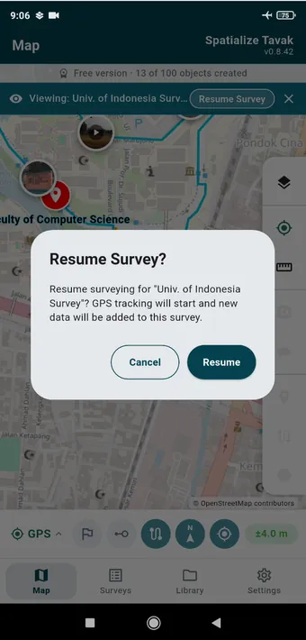 Open a finished survey on the map and you can look but not change anything. Resume Survey starts the GPS again and adds whatever comes next to the same survey.