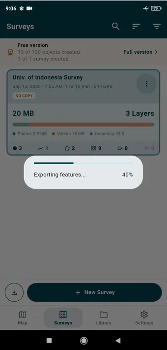The export runs in the background with a progress bar on the survey card, so you can carry on working.