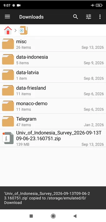 The ZIP lands in the phone&rsquo;s Downloads folder, named after the survey and the time. 139 MB here, most of it video. Share it from there, or copy it off over USB.