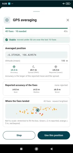 GPS averaging sheet with spread, accuracy and the fix distribution
