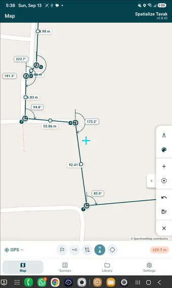 A 10-inch tablet in portrait: the same tools, just more map. Angles and edge lengths are labelled as you draw.