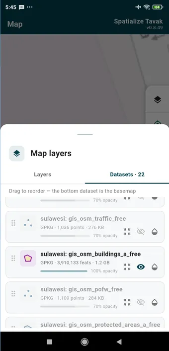Map layers &rsaquo; Datasets: show or hide, zoom to, opacity, and drag to reorder. The bottom dataset acts as the basemap.