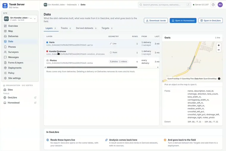 The Data page shows the site's layers, tracks and derived datasets, with a map and the fields of the layer you pick.