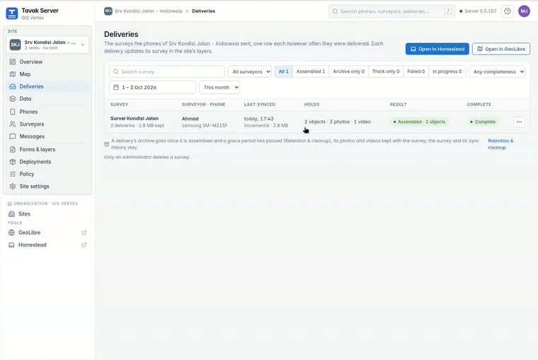 The Deliveries page lists each survey with the phone it came from, when it last synced, what it holds and whether it is complete.