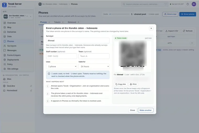 Enrolling a phone: the surveyor's name, an optional staff number and team, how long the token lasts, and the QR code the phone scans. The code and token are blurred here.