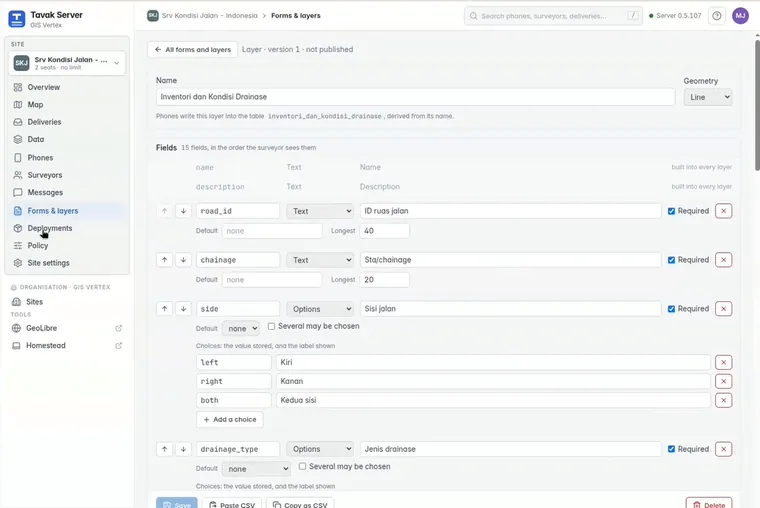 Editing a layer: its fields, which are required, and the choices for a list.