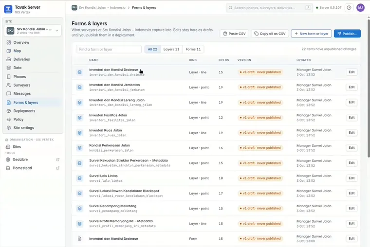 Forms & layers. Drafts stay here until you publish them in a deployment.