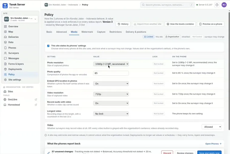 Policy, Media tab: each setting has a value, a lock switch, and a line saying what happens on the phone.