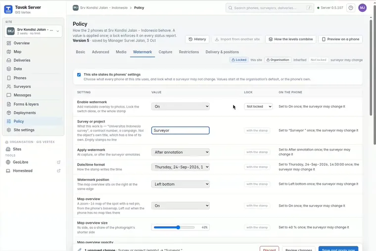 Policy, Watermark tab: the stamp's text, placement and map overview, each with its own lock.