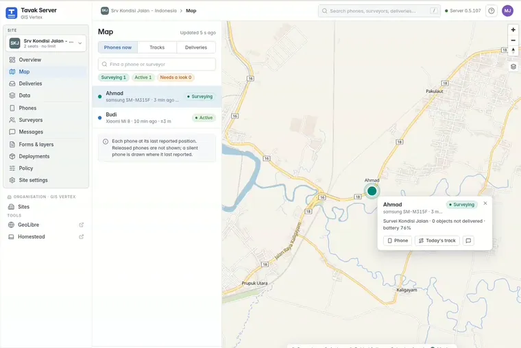 The Map page. Each phone appears where it last reported, and the popup shows its state, battery and a link to today's track.